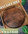 12 Inch Lazy Susan Slick Counter Turntable Kitchen Spice Rack Rustic Brown Wood Swivel Tray in gift packaging.