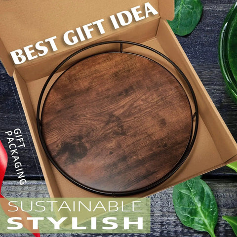 12 Inch Lazy Susan Slick Counter Turntable Kitchen Spice Rack Rustic Brown Wood Swivel Tray in gift packaging.