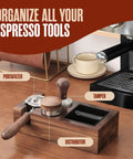 Home Barista Espresso Accessories Set with portafilter, tamper, distributor on brown wood tamper station near espresso machine