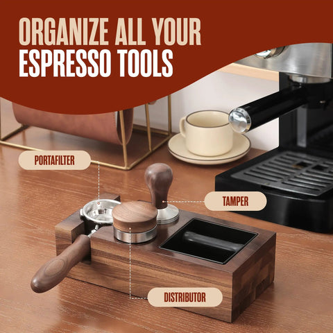 Home Barista Espresso Accessories Set with portafilter, tamper, distributor on brown wood tamper station near espresso machine
