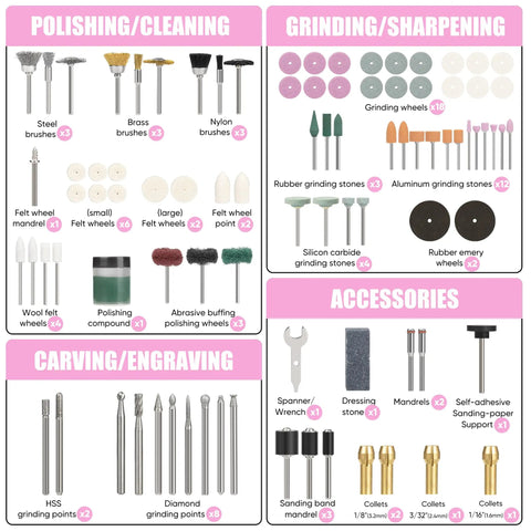 Kickass 618 Piece Rotary Tool Accessories Kit With Heavy Duty Cut Off Wheels Sanding Papers And Flap Discs pink tool bits for polishing and grinding