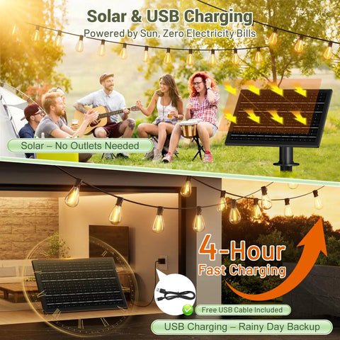 200Ft Solar String Lights Outdoor Waterproof With 72 LED Bulbs Plus 2 Spares, Remote And USB Port, 3 Light Modes in garden