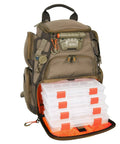 Recon Lighted Compact Tackle Backpack With Four PT3500 Trays open with clear compartments; beige, angling gear for night fishing.