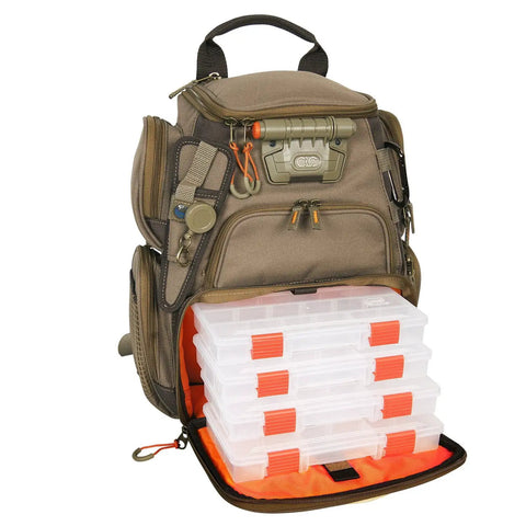 Recon Lighted Compact Tackle Backpack With Four PT3500 Trays open with clear compartments; beige, angling gear for night fishing.