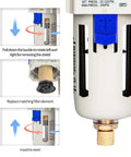 Three Eighths Inch NPT Air Line Dryer And Filter For Compressors, 5 Micron Brass Filter Element, installation guide view