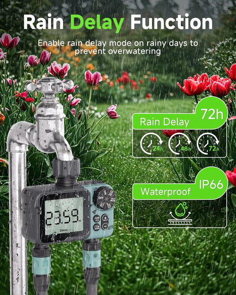 Two Zone Digital Sprinkler Timer For Garden Hose And Yard Irrigation With Rain Delay No Brainer Easy Setup IP66 Waterproof