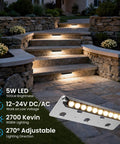 Eight Inch Retaining Wall Step Lights With Five Watt LED And One Hundred Watt Transformer IP68 Outdoor Hardscape Lighting Kit illuminated on stone stairs at night.