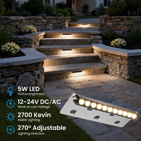 Eight Inch Retaining Wall Step Lights With Five Watt LED And One Hundred Watt Transformer IP68 Outdoor Hardscape Lighting Kit illuminated on stone stairs at night.