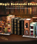 Magical House Bookend Kit With Over 1400 Building Blocks DIY Miniature House Model next to decorative books on a shelf