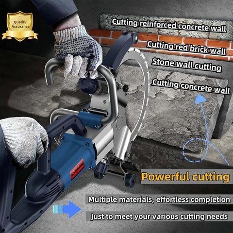 Industrial 8800W Concrete Ring Saw Wet Cut Stone Cutter with Built In Water Pump 270mm Titanium Blade cuts concrete, stone, and brick walls.