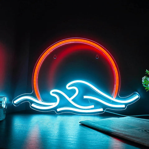 Sunrise And Waves Neon Light LED Sign For Bedroom Wall Decor Anime Inspired Ukiyo E Style with ambient glow on tabletop