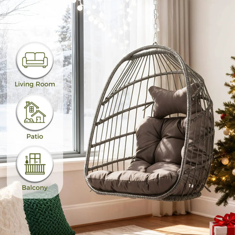 Outdoor Egg Chair Without Stand With Cushion Cozy For Patio Balcony Garden Hang From Ceiling Or Tree Mount Foldable Durable Rattan Wicker Hammock Chair 350 Lbs Capacity Dark Gray Lounge For Reading And Relaxation