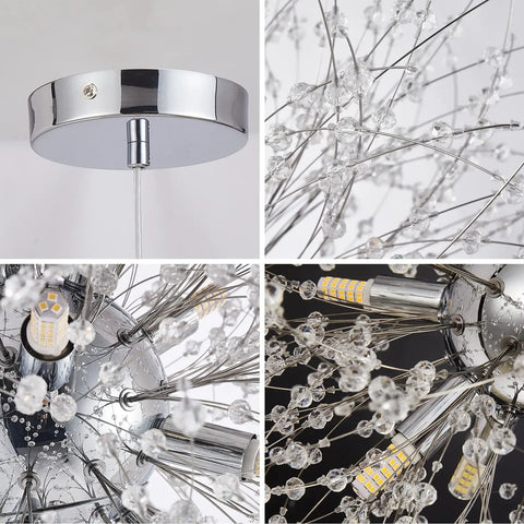 Close-up of Dope Crystal Firework Chandelier With 12 Lights Dandelion Style Semi Flush Mount Ceiling Light showcasing silver finish