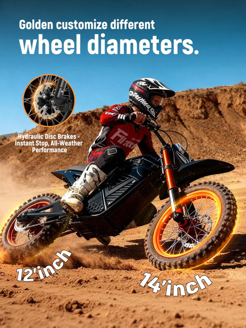 Electric Dirt Bike For Teens And Adults With 3500W Peak Power 38 To 46 Mph Top Speed 53 Mile Range 48 Volt 23Ah Battery Mid Drive Motor Hydraulic Dual Shock Absorbers Orange And Black With Lock For Off Road Thrill Seekers, 12in and 14in wheels