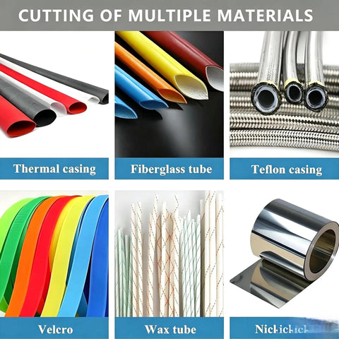 Heavy Duty Automatic Flexible Conduit And Heat Shrink Tube Cutter For Efficient Desktop Cable Processing shows various materials like thermal casing and fiberglass tube.