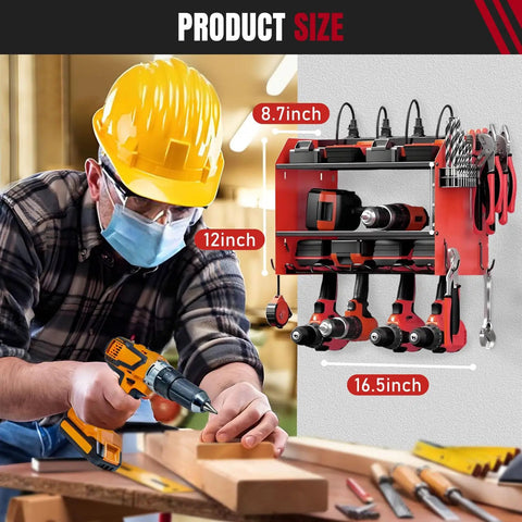 All In One Wall Mounted Power Tool Organizer With Built In Eight Outlet Charging Station Three Layer Heavy Duty Drill Holder Rack And Power Strip For Your Garage Workshop Storage installed on wall
