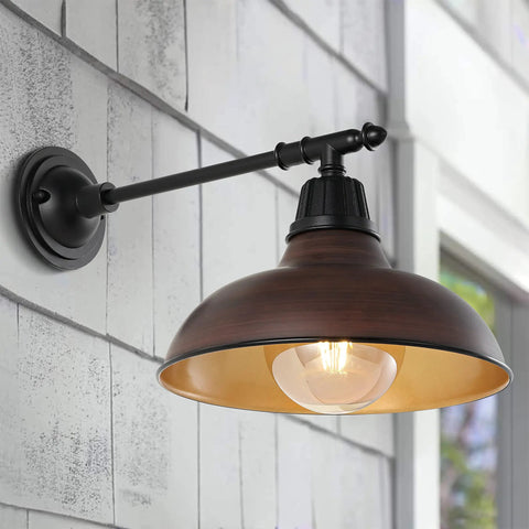 Industrial Farmhouse Outdoor Sconce With Wood Finish And Copper Bowl Shade 1 Light Iron Wall Lamp With LED Bulb Vintage Porch Lantern