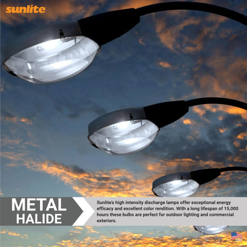 Street lamps using Protected 70-Watt Metal Halide Bulb With Medium Base For Outdoor And Commercial Lighting against sunset sky