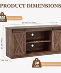 Hella Sturdy Farmhouse TV Stand For 65 Inch TV With Plenty Of Storage Space dimensions showing 300 lbs top load capacity in rustic brown finish.