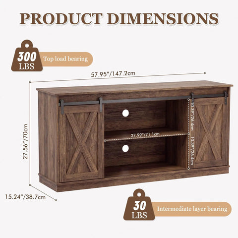 Hella Sturdy Farmhouse TV Stand For 65 Inch TV With Plenty Of Storage Space dimensions showing 300 lbs top load capacity in rustic brown finish.