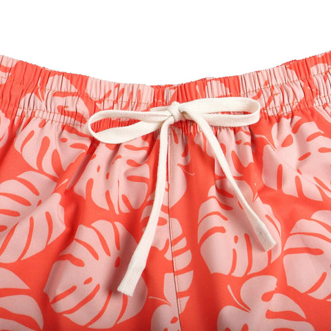 Close-up of waistband on Orange Mens Swim Trunks No Lining Beach Shorts With Two Zip Pockets Quick Dry Fabric Drift Surf Vibe Plantain Leaves