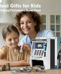 Mother and daughter with ATM Style Piggy Bank For Kids With Real Money Deposits Debit Card Access Bill Feeder
