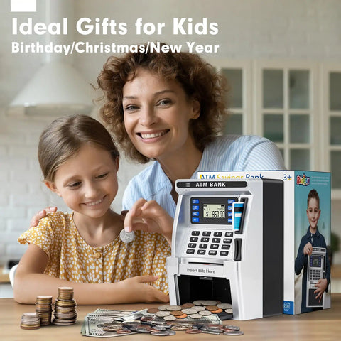 Mother and daughter with ATM Style Piggy Bank For Kids With Real Money Deposits Debit Card Access Bill Feeder
