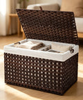 Massive Wicker Storage Basket With Lid, 104 Liter Rattan Blanket Box Holds A Ton Of Gear, Heavy Duty home organizer with towels and blankets inside.