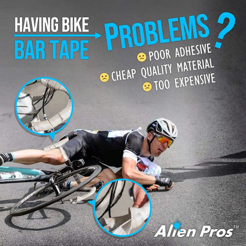 Cyclist crashing with highlighted issues in bar tape application, related to Grippy PU Handlebar Tape Set Of 2 Black For All Weather No Slip Ride Sweat Absorbing Frosted Skin Ultra Comfortable Wrap For Serious Riders Easy Install And Long Lasting Grip.