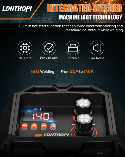 Close-up of Four In One MIG Welder control panel showing digital display and settings, showcasing ease of use and portability.
