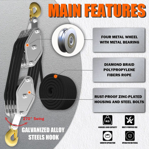 Beefed-Up 4400Lb Rope Hoist Pulley System With 8:1 Lift Ratio And 65Ft Line featuring main components and features description