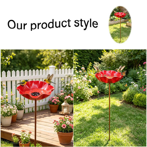 "Metal Flower Garden Stake With Bee Bath And Bird Water Bowl For Pollinator Friendly Yard Decor Weather Resistant Outdoor Garden Art Gift For Bird Lovers Red 5 Pack."