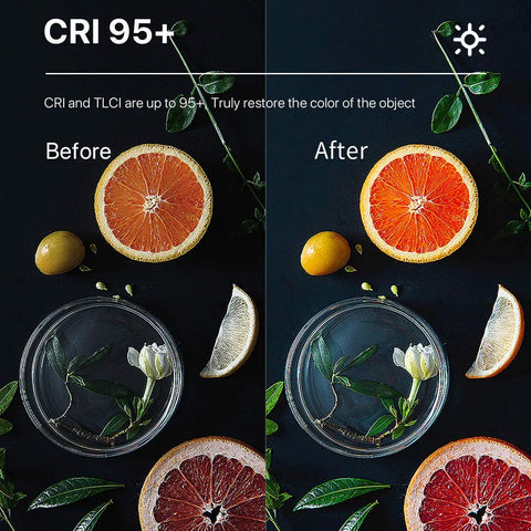 Before and after comparison of fruits using On-Camera Bi-Color LED Video Light With 6 Color Filters, enhanced CRI95 Plus color accuracy.