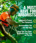 Arborist using gear with text highlighting features of the Large Arborist Rope Bag Bucket Style Storage For Tree Climbing Gear