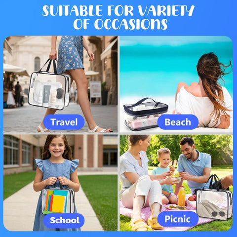 People using 4 Packs Clear Storage Bags With Two Sizes PVC Reusable Storage Organizer With Zippers waterproof and dustproof case.