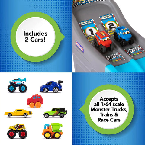 Ultra Durable Dual Track Downhill Raceway With Over 6 Feet Of Indestructible Track For Toddlers includes two toy race cars