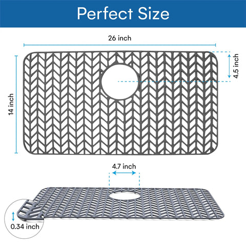 Dimensions of 26 By 14 Inch Flexible Silicone Sink Mat with Non Slip Grid and Rear Drain Hole in black design.