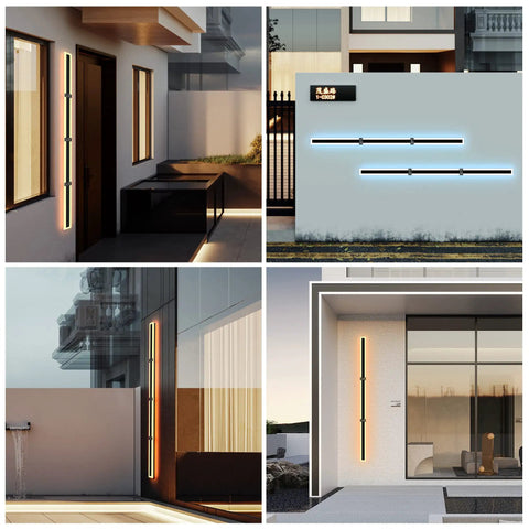 Modern Outdoor Long LED Strip Wall Lights For Porch And Garden, Exterior Sconces, IP67 Waterproof Lantern displayed on exterior walls