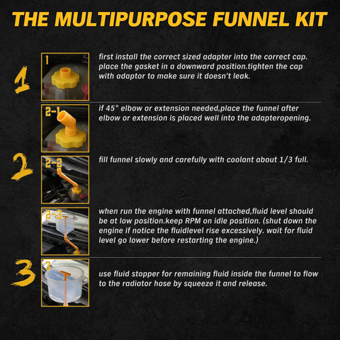 Step-by-step guide for using the Shop Grade No Drip Coolant Funnel Kit With 19 Universal Radiator Burping and Bleeder Tools.