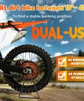Triangle Stand For Dirt Bikes And Off Road Rides Universal Rear Side Wheel Holder And Motorcycle Kickstand For Dirt Pit Bike Supermoto Motocross Enduro Beefy Steel Build For Axle Holes 11mm And Up in use as emergency kickstand