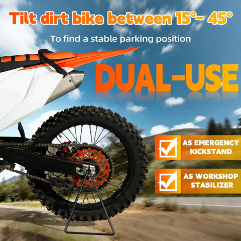 Triangle Stand For Dirt Bikes And Off Road Rides Universal Rear Side Wheel Holder And Motorcycle Kickstand For Dirt Pit Bike Supermoto Motocross Enduro Beefy Steel Build For Axle Holes 11mm And Up in use as emergency kickstand