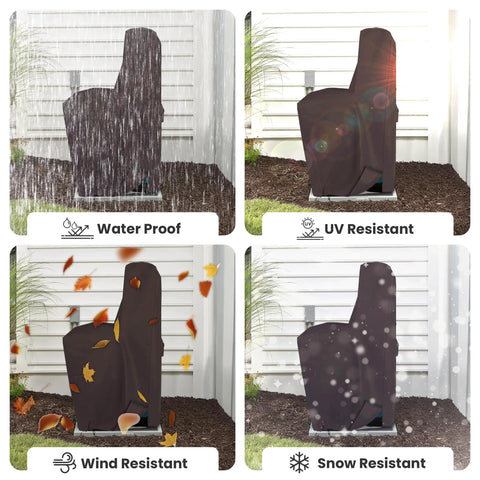 Heavy Duty 1000D Water Softener Tank Cover Outdoor Insulated Weatherproof Tear Resistant Filter Housing Shell With Grip Handle Secure Zippers Ventilated Coffee Fits 64x40x16 protecting from rain, UV, wind, and snow.