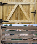 Wooden fence with Six Piece 4 Inch T Hinges Set Anti Rust Iron Lightweight For Cabinet Doors And Barn Doors visible on both gates.
