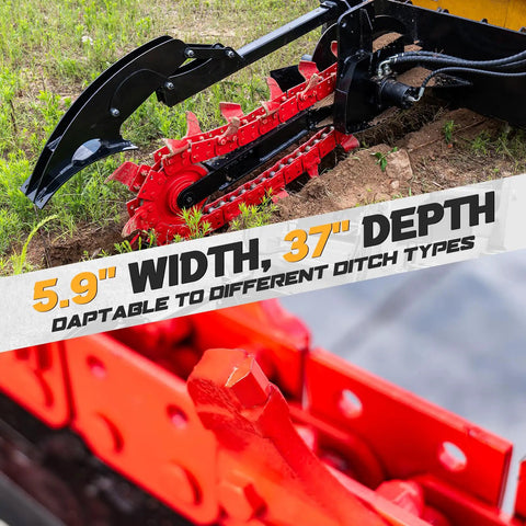 Universal Skid Steer Trencher Attachment 59 Inch Trenching Depth for Clay Sand and Rocky Soil, close-up of trencher teeth