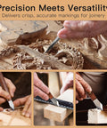 Heavy Duty Woodworking Marking Knife Pro Scribing Gauge Featuring Knockout Sharp High Carbon Steel Double Beveled Blade and Comfort Grip Handle in use for precise wood markings.