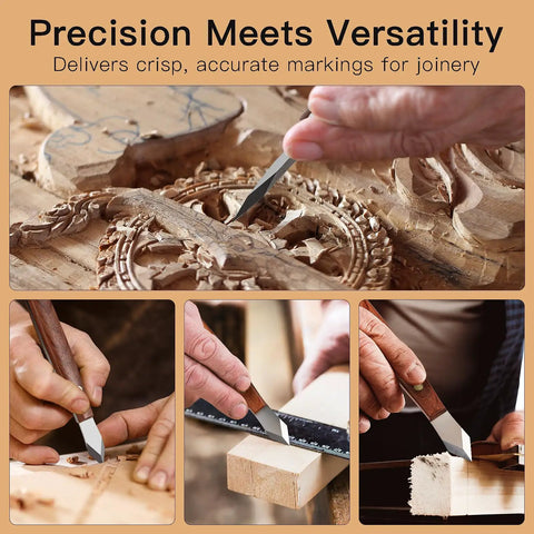 Heavy Duty Woodworking Marking Knife Pro Scribing Gauge Featuring Knockout Sharp High Carbon Steel Double Beveled Blade and Comfort Grip Handle in use for precise wood markings.