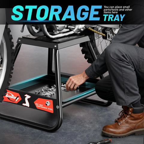 Close-up of a universal dirt bike stand with tool tray detachable lift up to 600 lbs fits most dirt bikes pit bikes e dirt and MX