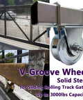 heavy duty V-groove gate wheel with solid steel design for sliding track gates, up to 3000 lbs capacity, maintenance-free