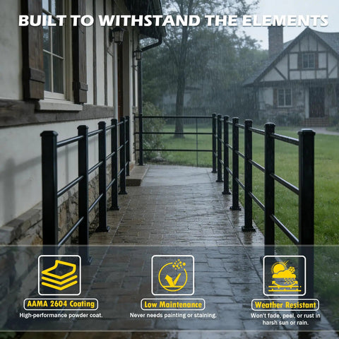 Premium Heavy Duty 45 Inch Black Powder Coated Aluminum Railing Post Kit installed in rainy weather, showcasing rust-resistant features.