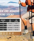 Merino Wool Hiking Crew Socks For Men And Women, size chart and hiker on mountain terrain.